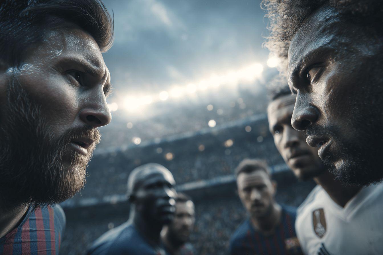 Two soccer players confronting each other in stadium