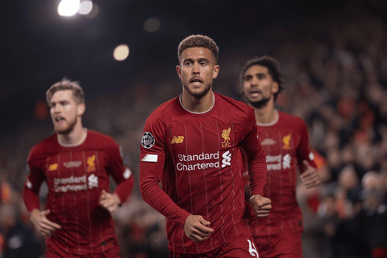 Three soccer players in red Liverpool jerseys on field