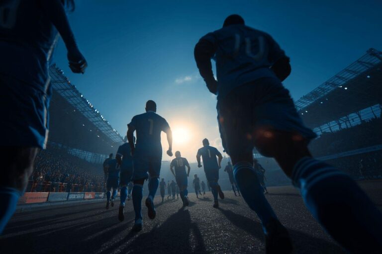 Silhouetted athletes walking towards bright stadium light