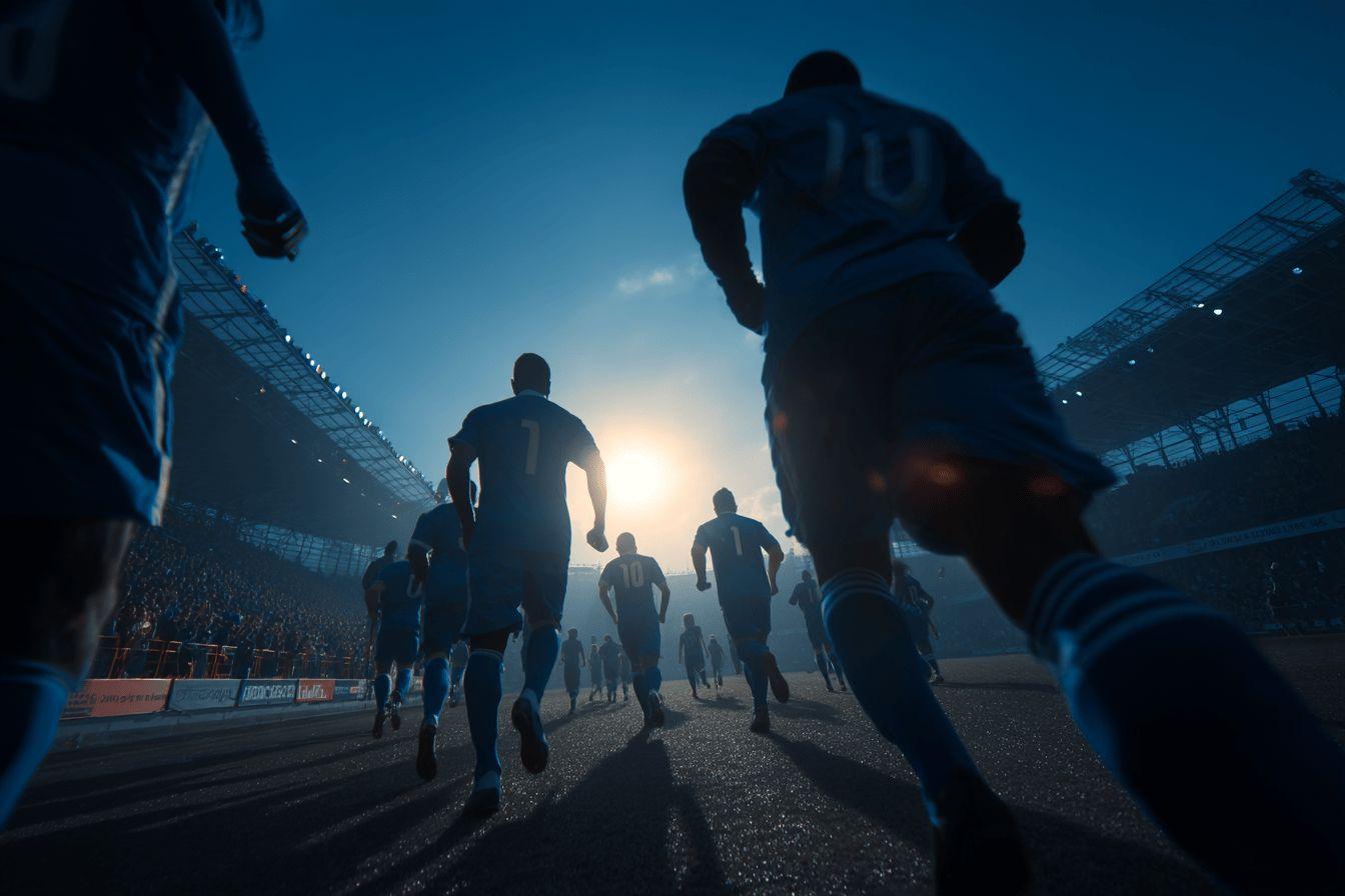 Silhouetted athletes walking towards bright stadium light