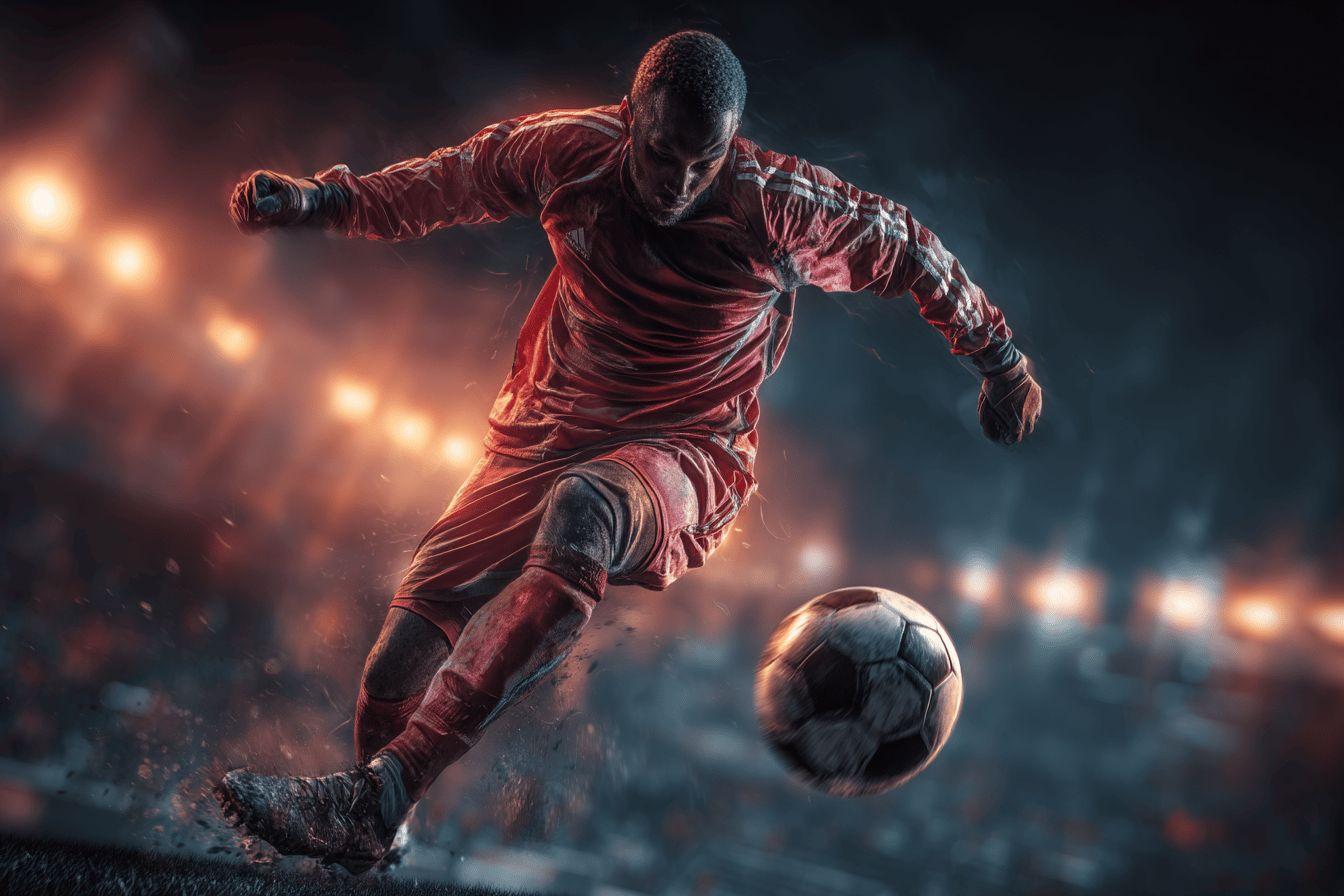 Dynamic soccer player kicking ball mid-action with stadium lights