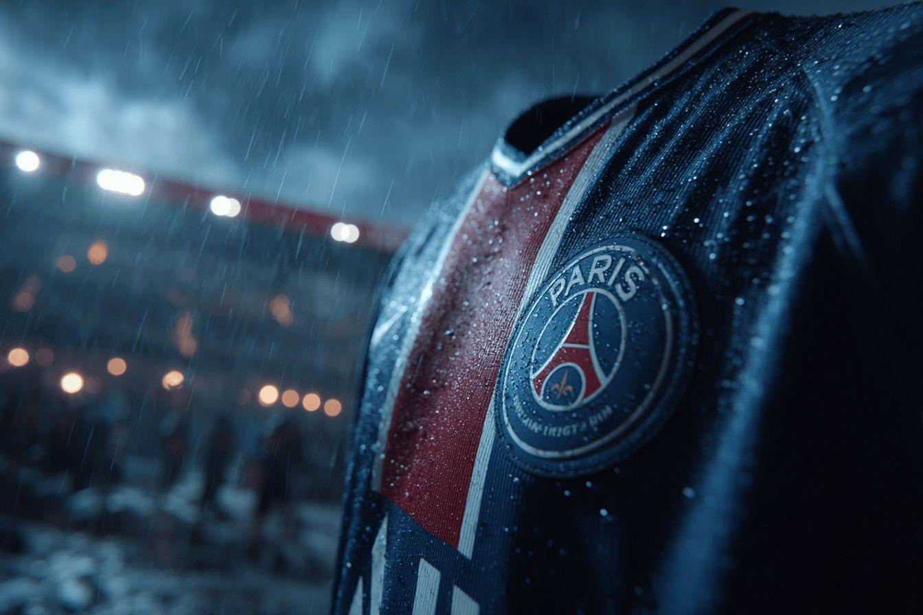Close-up of wet Paris Saint-Germain soccer jersey at night