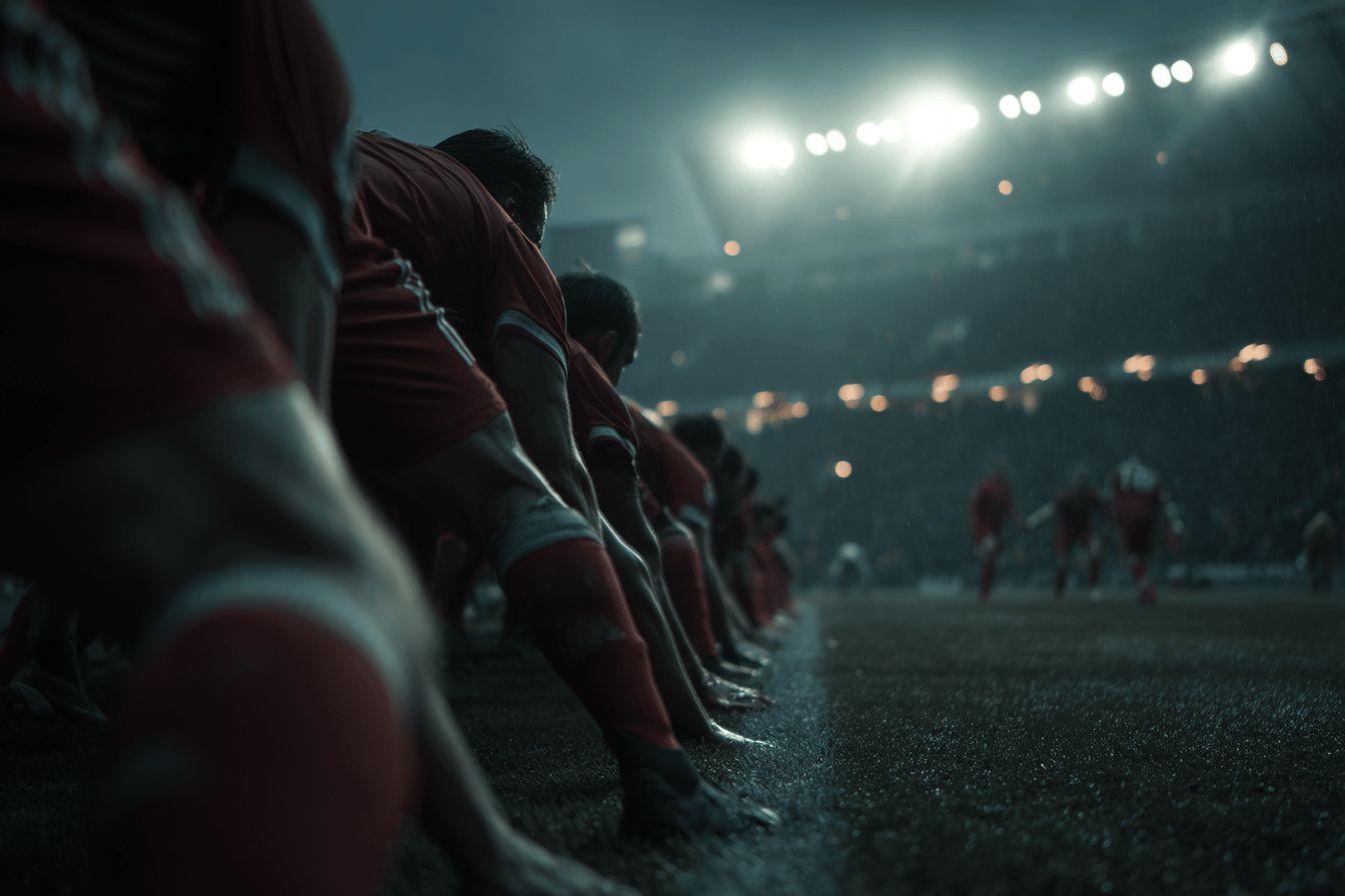 Players in red jerseys waiting on dimly lit rugby field