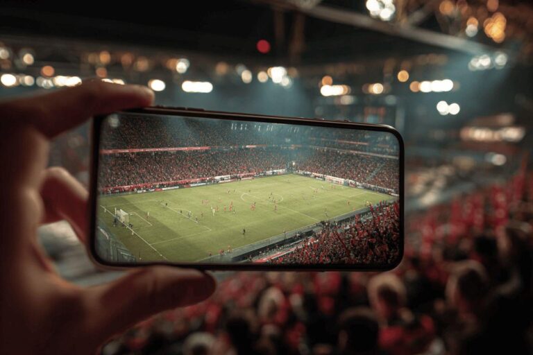 Phone screen showing soccer field during crowded stadium match