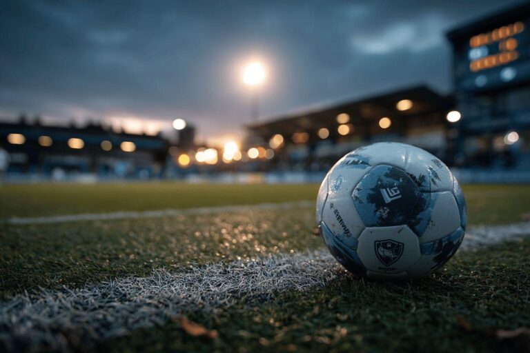 Blue soccer ball on field with blurred stadium background