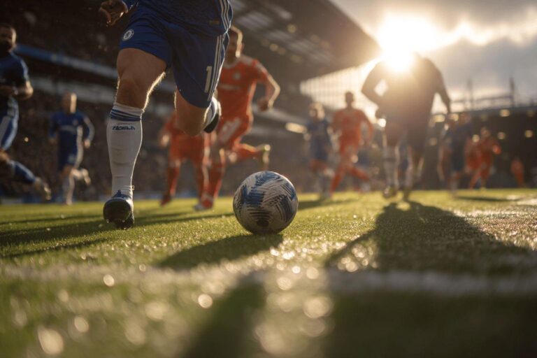 Close-up of soccer ball on field with players in background