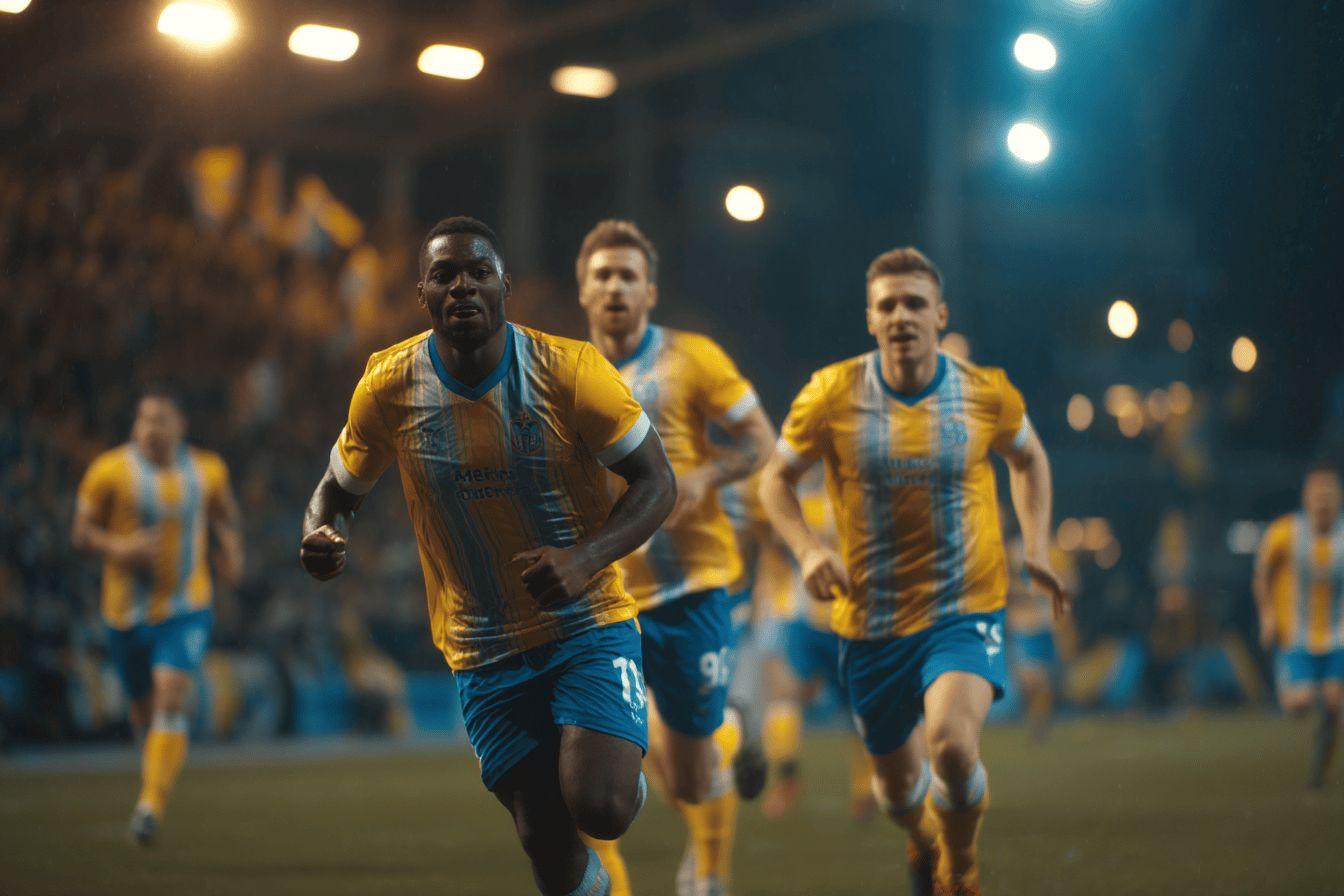 Team of athletes in yellow and blue uniforms sprinting