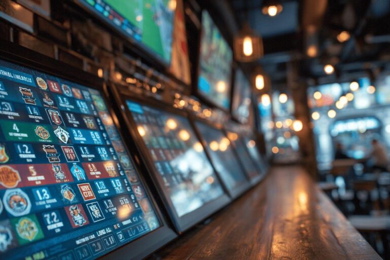 Multiple digital screens displaying sports betting odds and numbers
