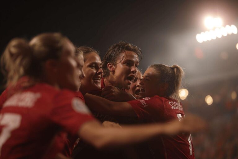 Teammates in red jerseys hugging and cheering together